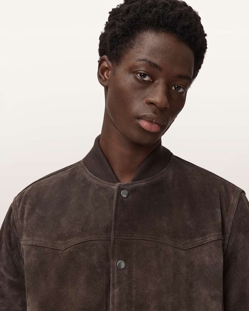 AllSaints Stafford Leather Bomber Jacket Woodland Brown