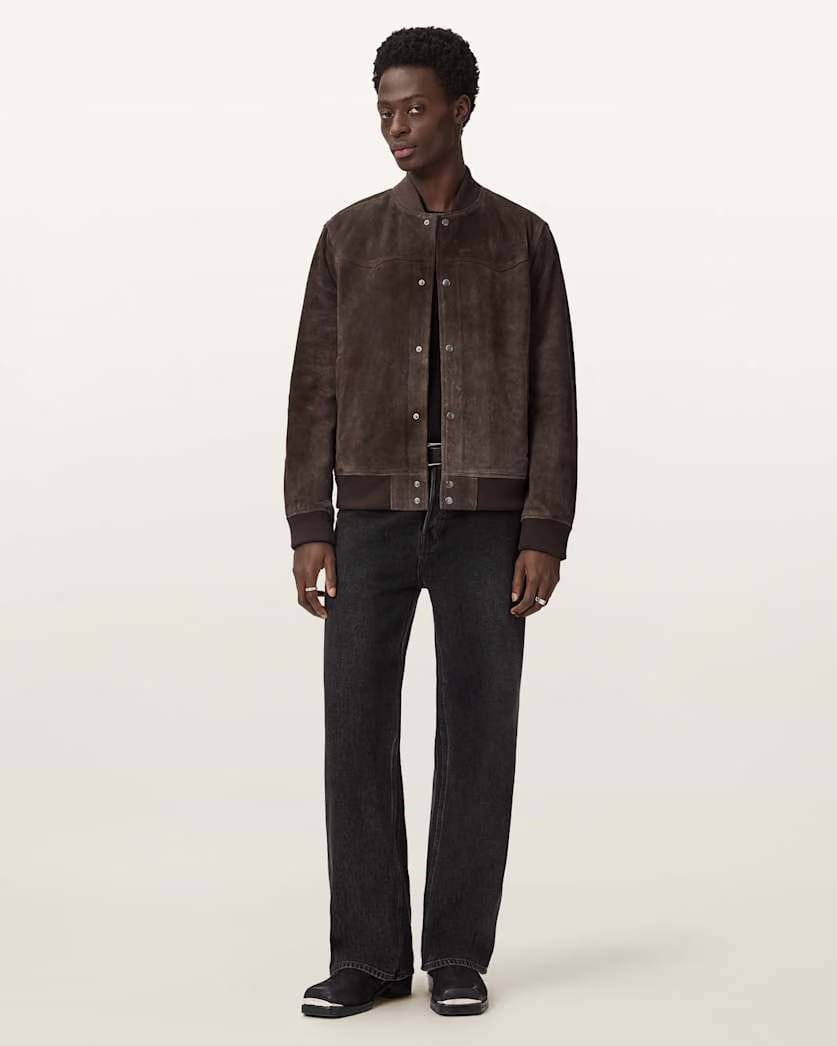 AllSaints Stafford Leather Bomber Jacket Woodland Brown