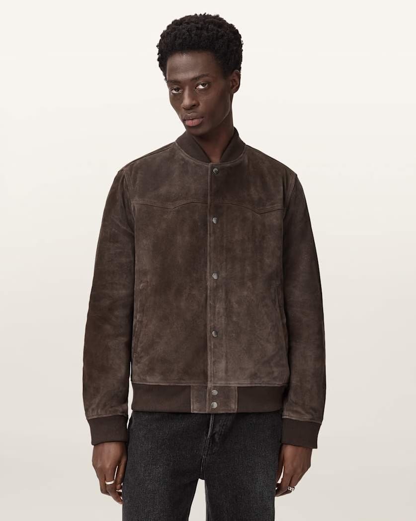 AllSaints Stafford Leather Bomber Jacket Woodland Brown
