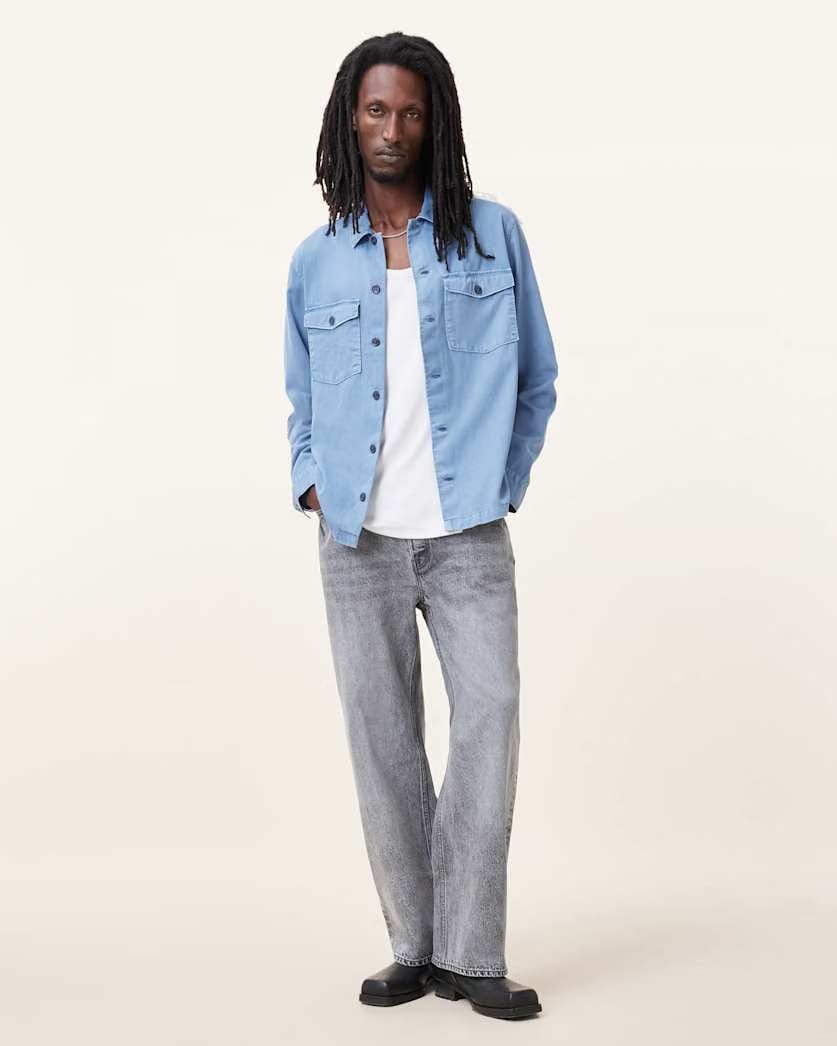 AllSaints Spotter Long Sleeve Military Overshirt Static Blue
