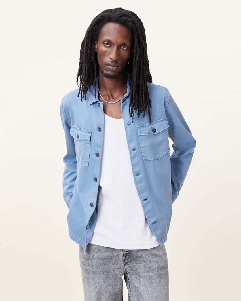 AllSaints Spotter Long Sleeve Military Overshirt Static Blue