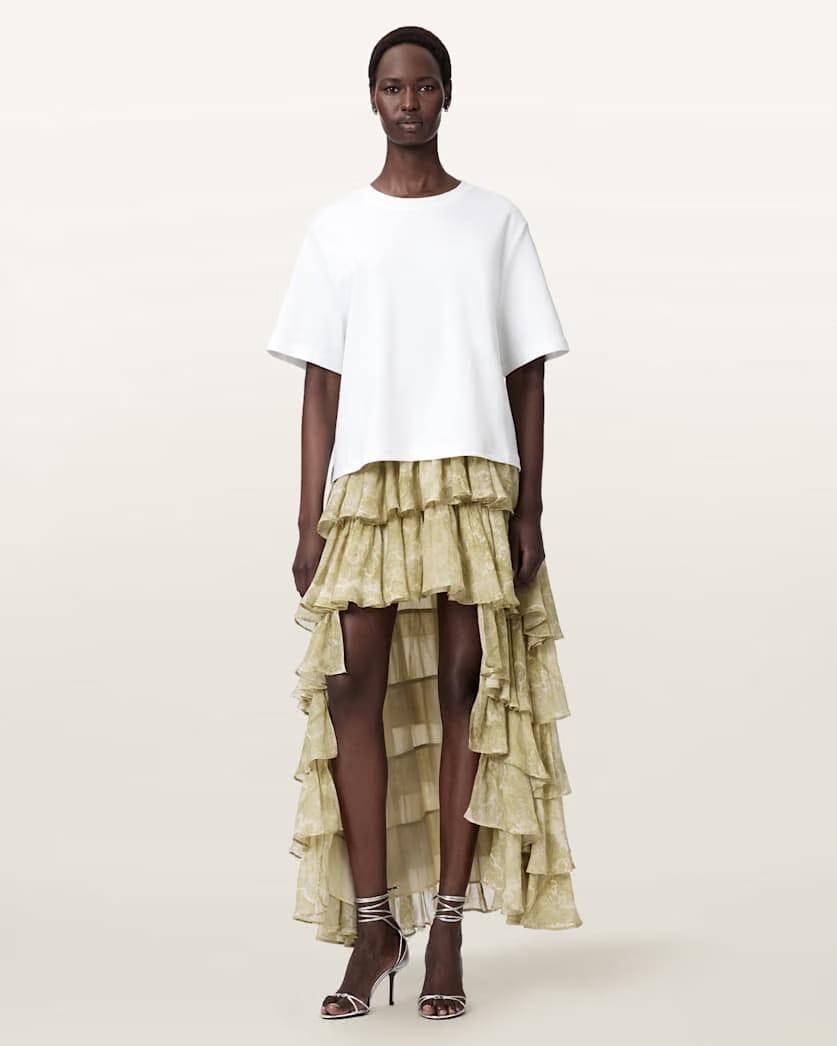 AllSaints Cavarly Tiered Maxi Skirt Women's Joanne Gold Green Women's