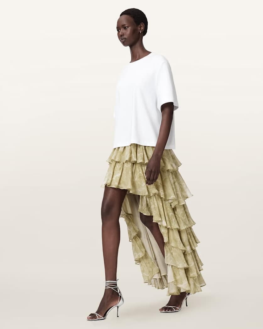 AllSaints Cavarly Tiered Maxi Skirt Women's Joanne Gold Green Women's