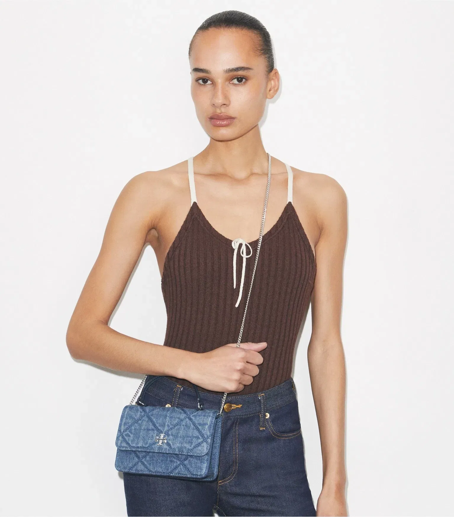 Mini Kira Diamond Quilt Denim Top-Handle Crossbody