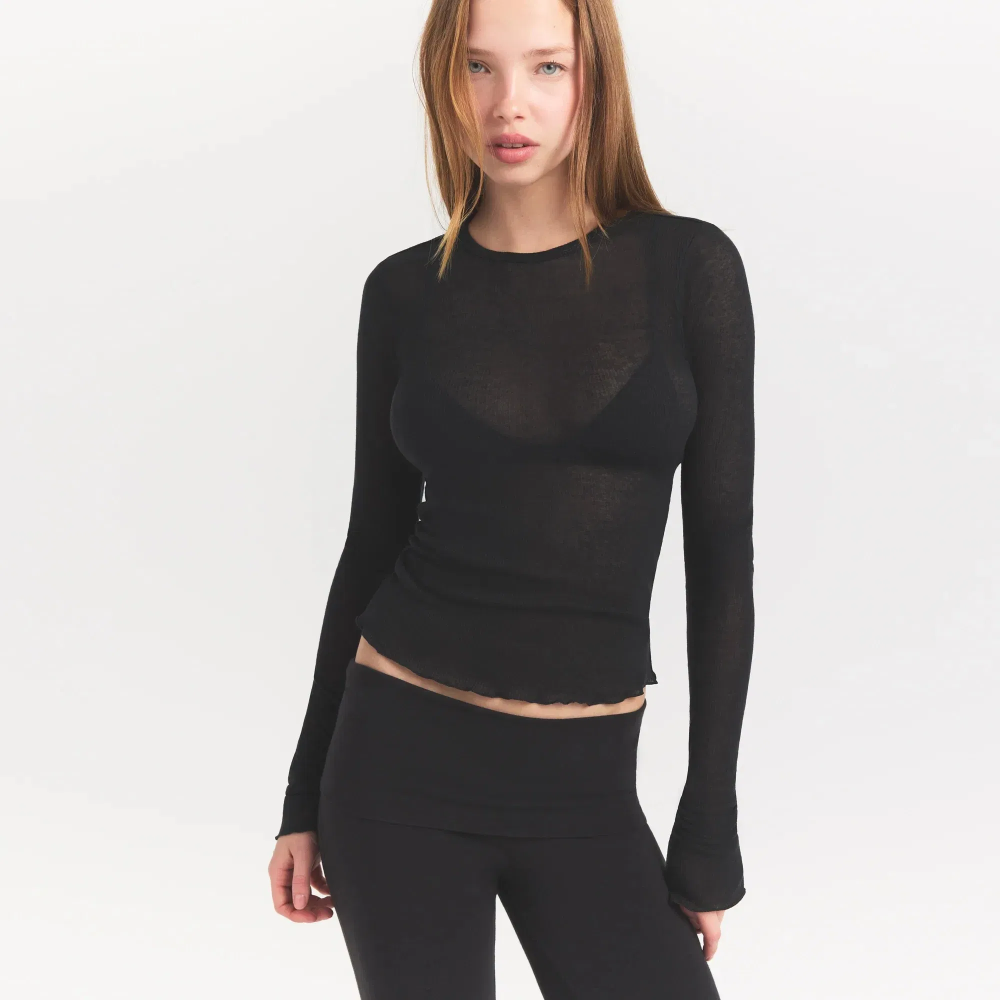 Sheer Rib Long Sleeve Top