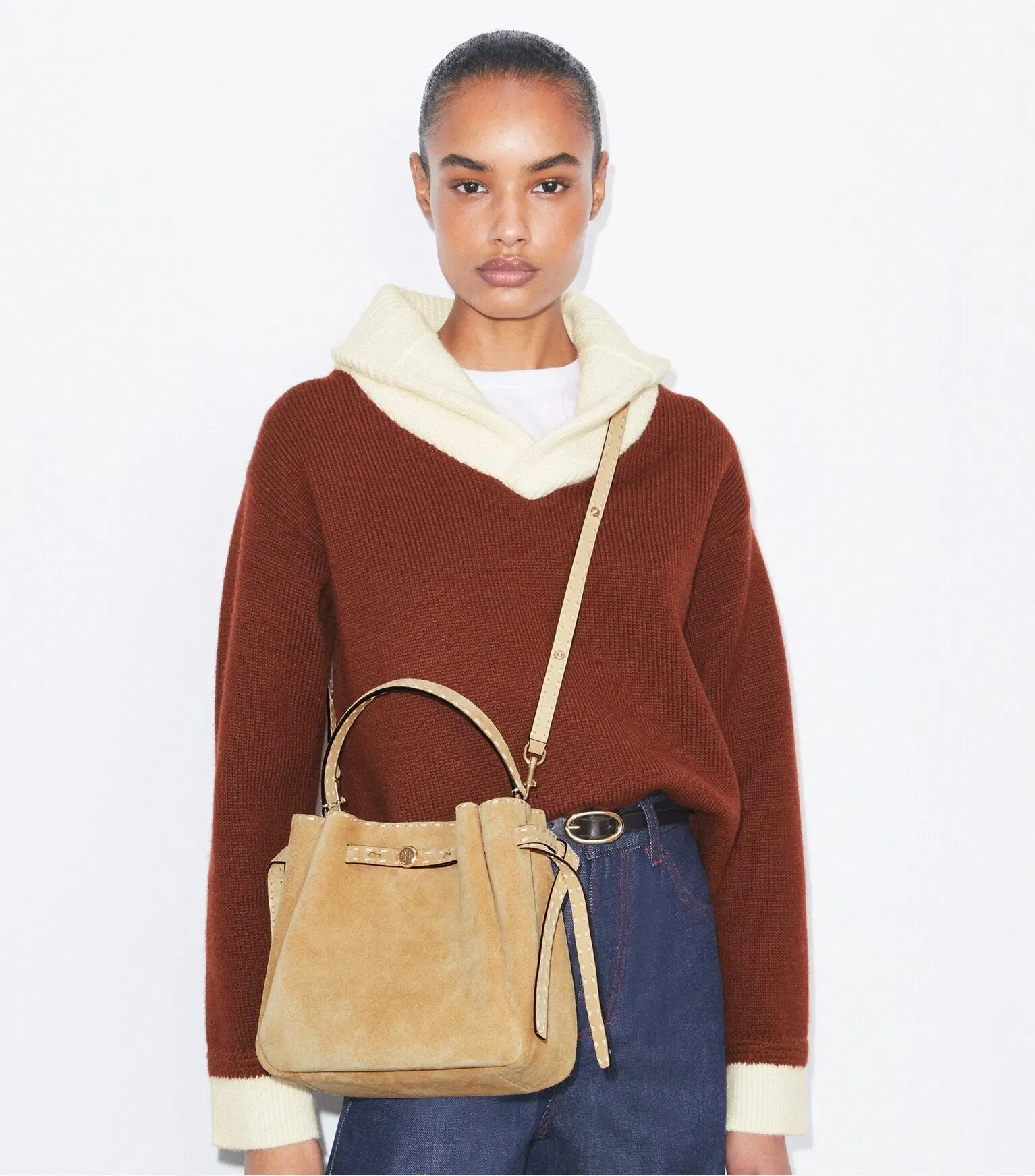 Romy Suede Pick Stitch Bucket Bag