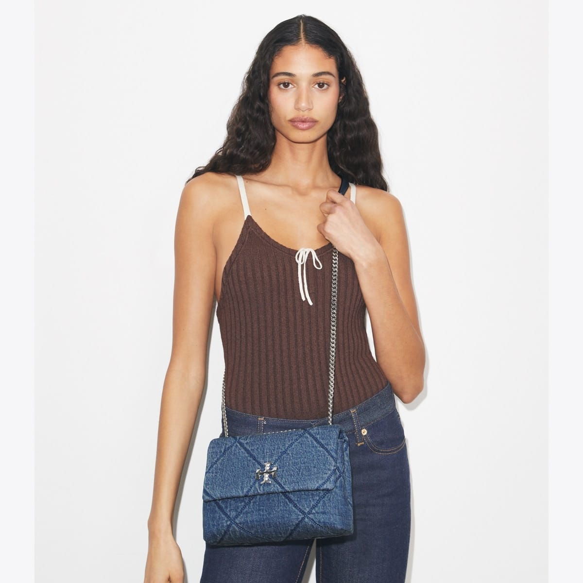 Small Kira Diamond Quilt Denim Shoulder Bag