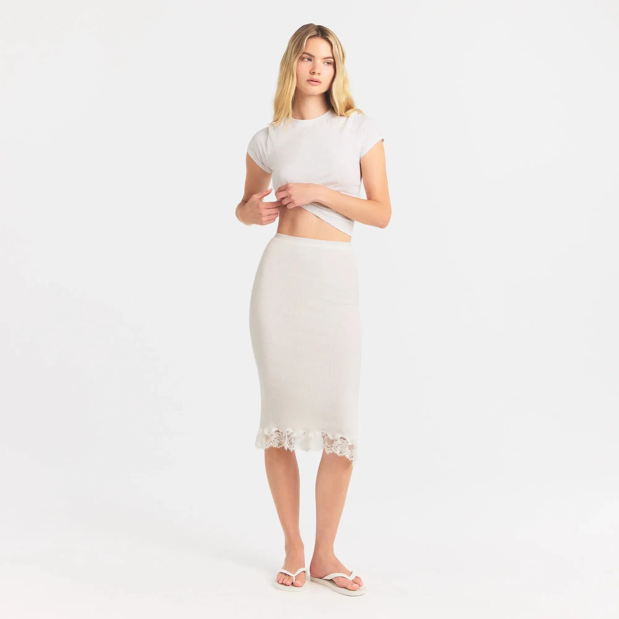 Rib Knit Lace Midi Skirt