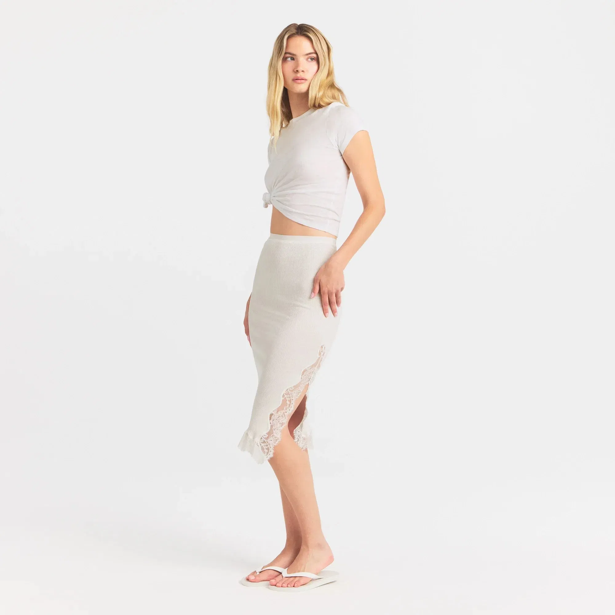 Rib Knit Lace Midi Skirt