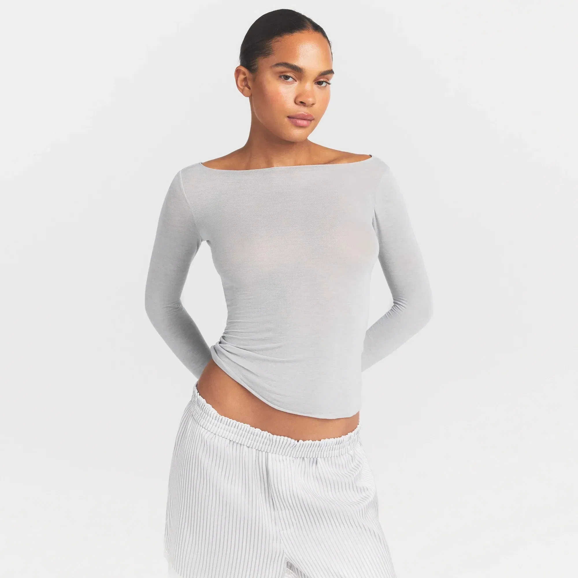 Sheer Modal Long Sleeve Boatneck Top