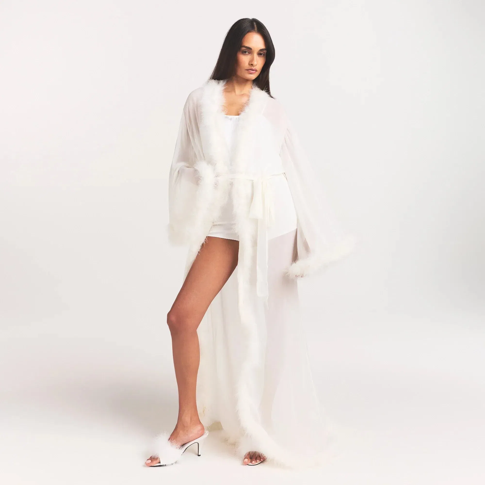 Bridal Sleep Feather Trim Long Robe