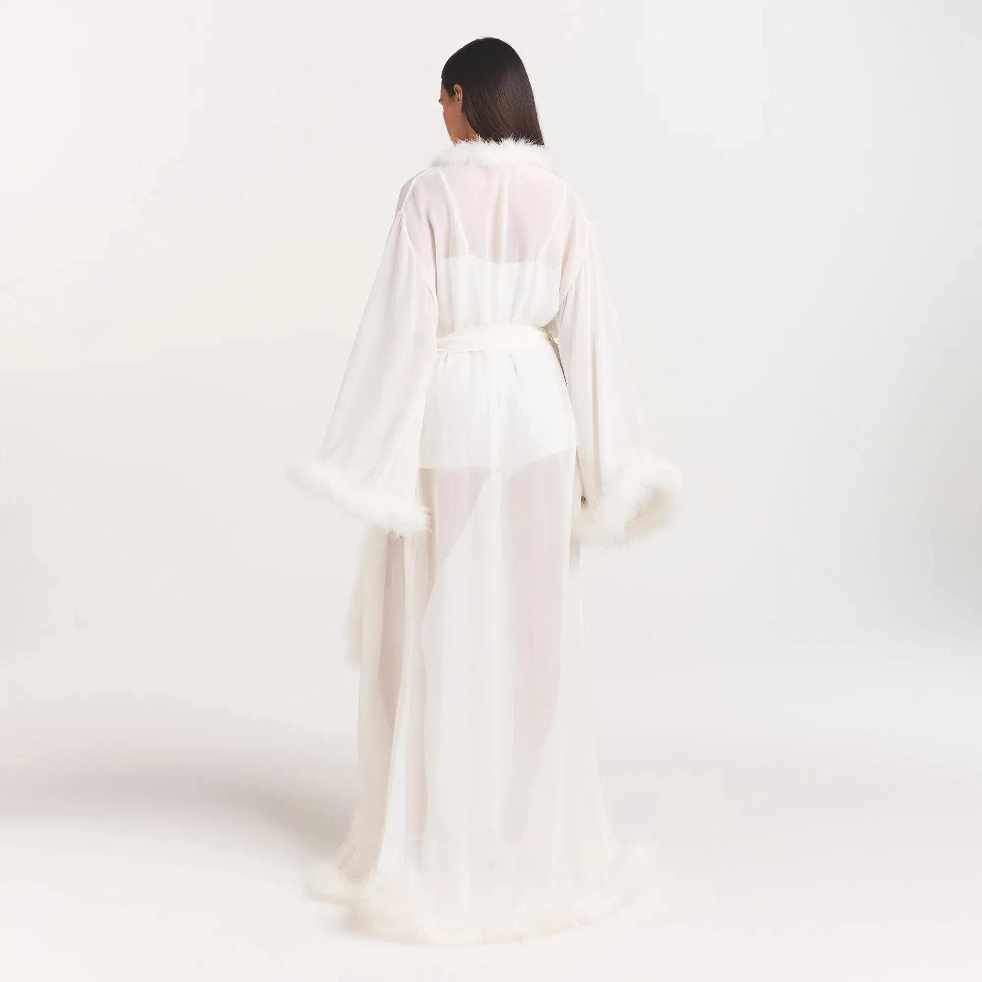 Bridal Sleep Feather Trim Long Robe