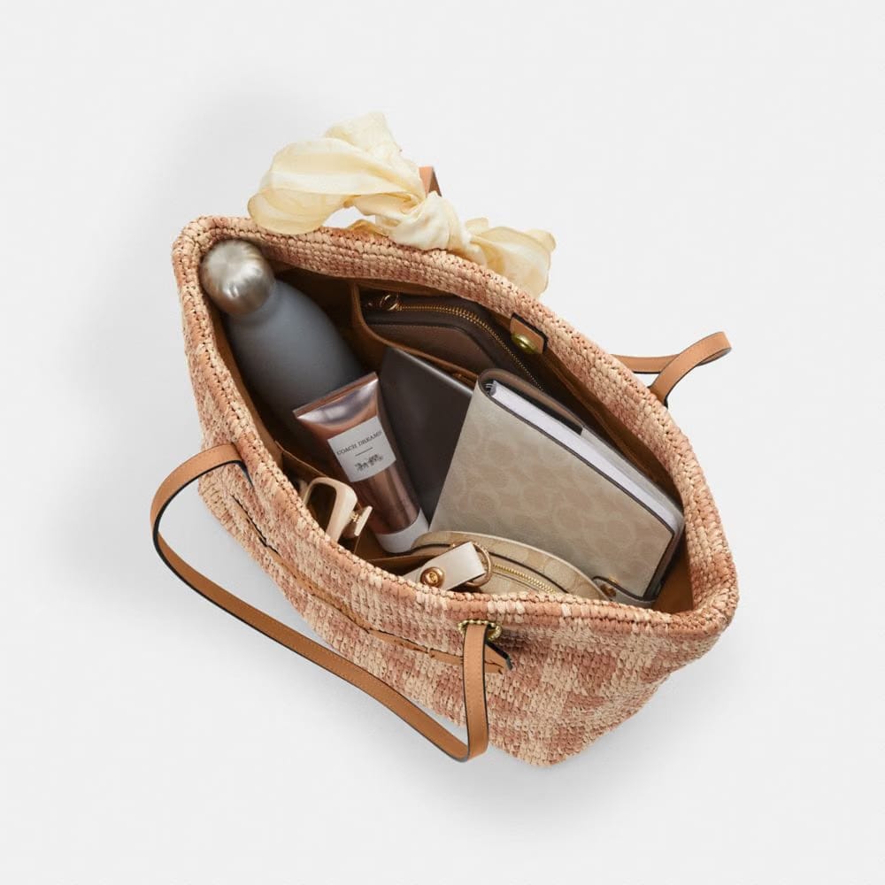 Coach City Tote Bag With Gingham Print Gold Tan