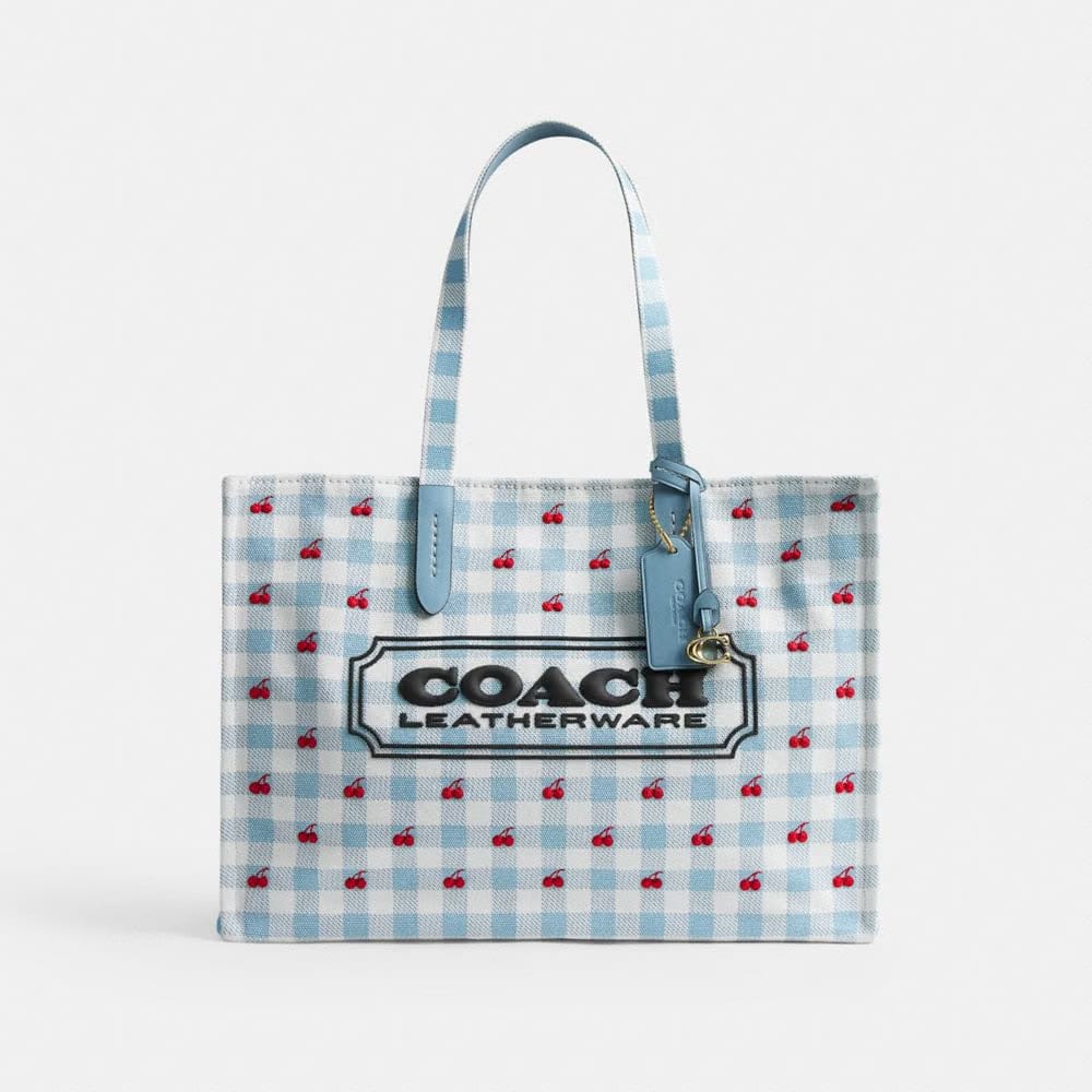Coach Tote Bag With Gingham Print Gold Blue Multi
