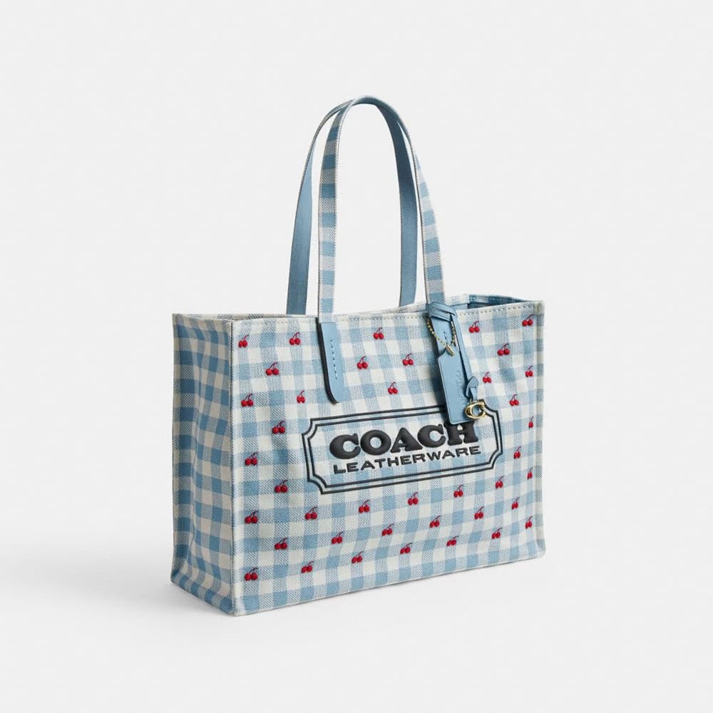 Coach Tote Bag With Gingham Print Gold Blue Multi