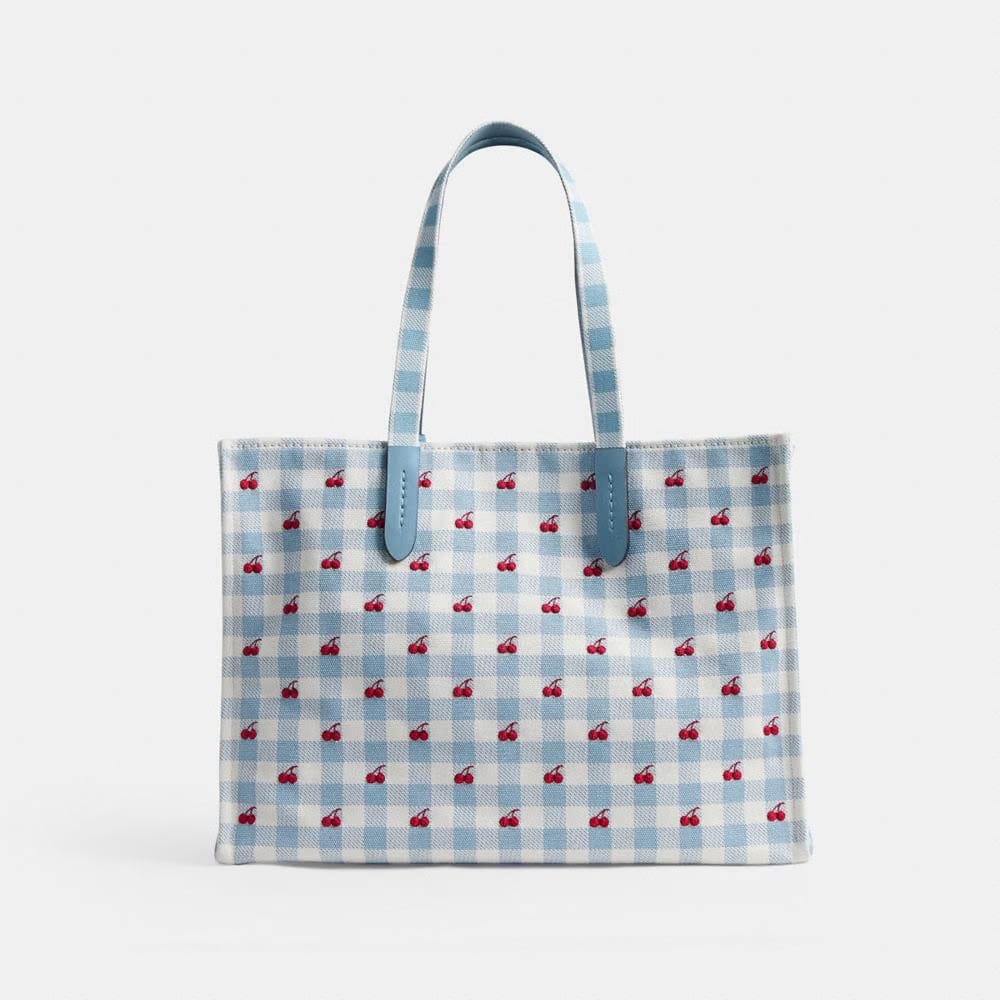 Coach Tote Bag With Gingham Print Gold Blue Multi