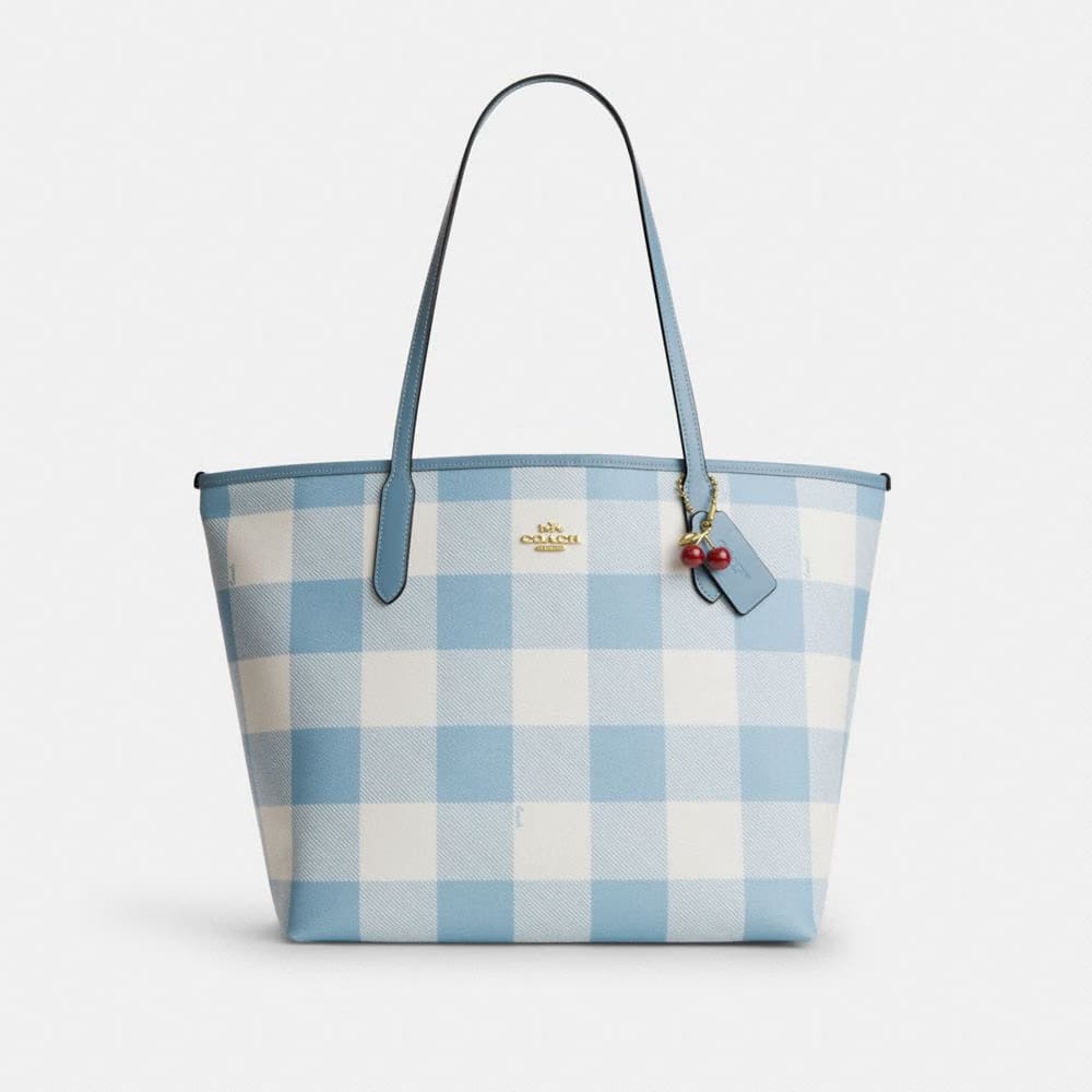 Coach City Tote Bag With Gingham Print And Charm Gold Blue Multi