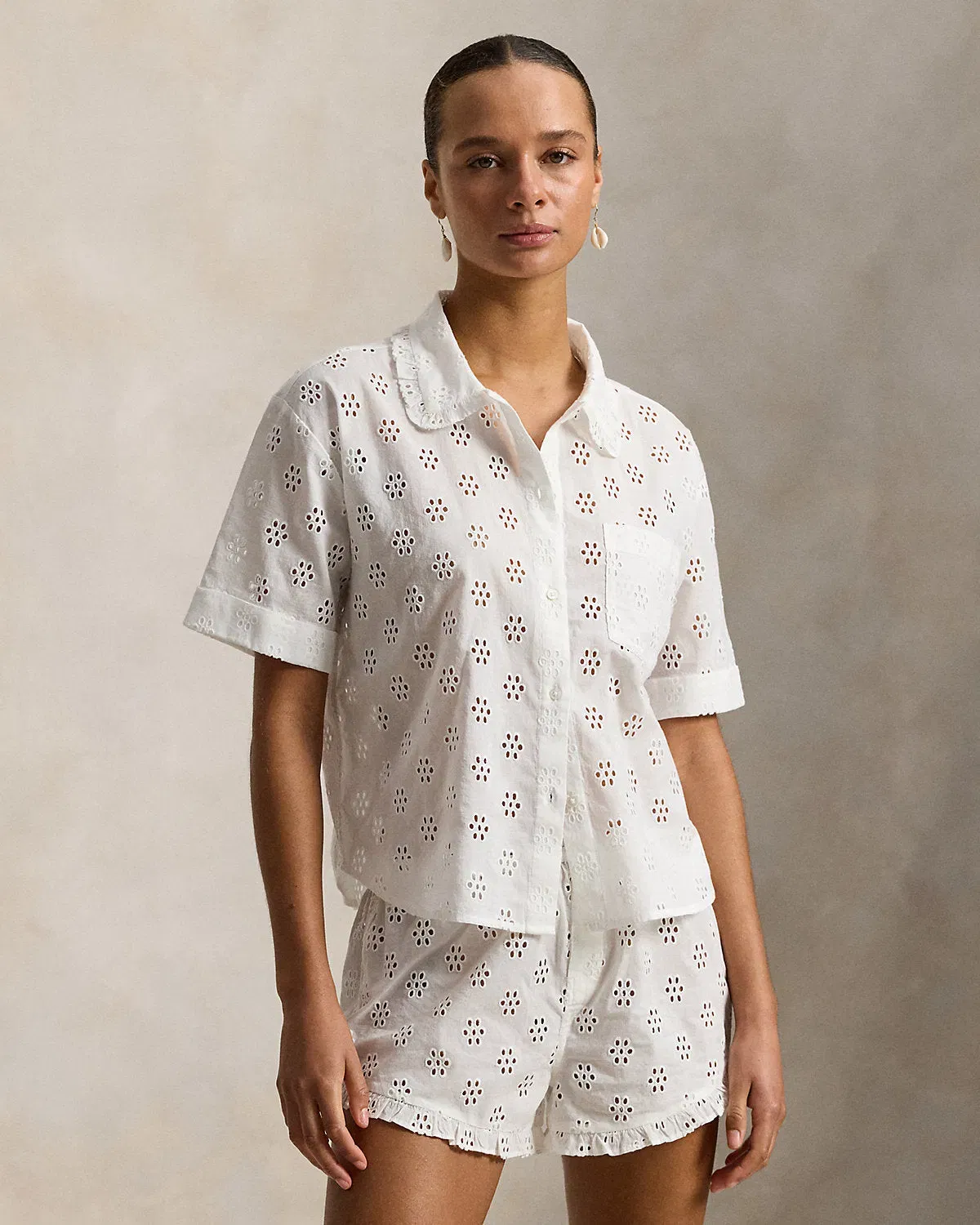 Ralph Lauren Eyelet Cotton Shirt Short Pajama Set