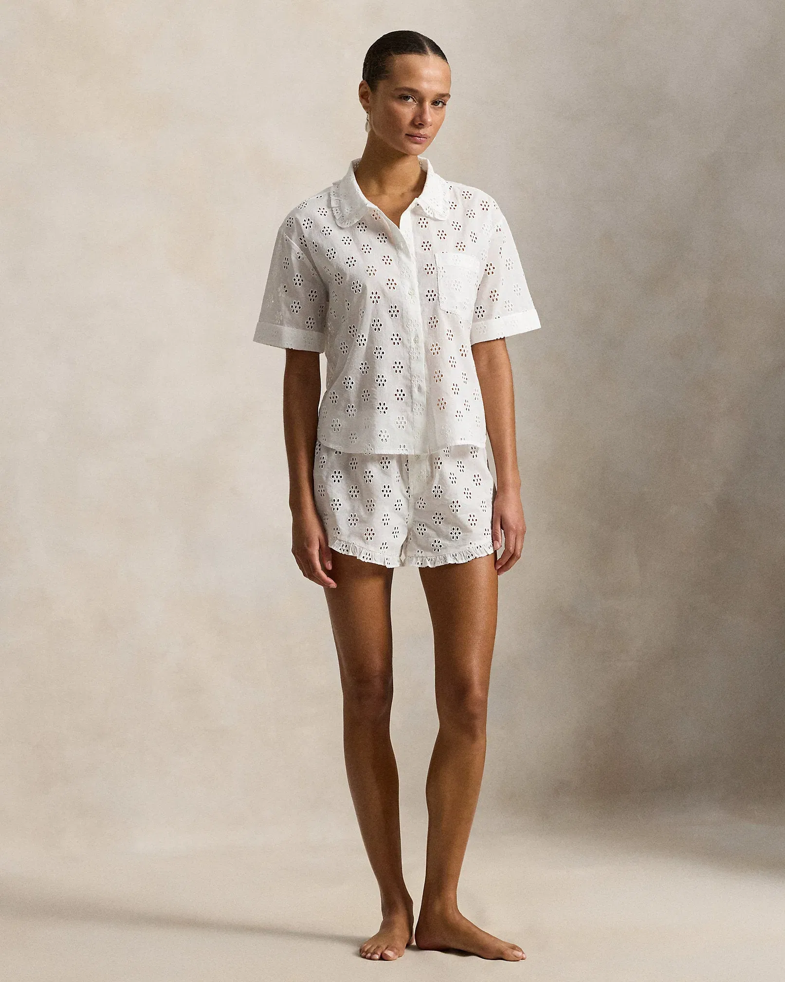 Ralph Lauren Eyelet Cotton Shirt Short Pajama Set