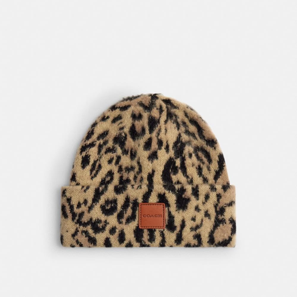 Coach Leopard Print Beanie Tan