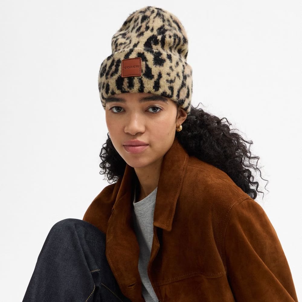 Coach Leopard Print Beanie Tan