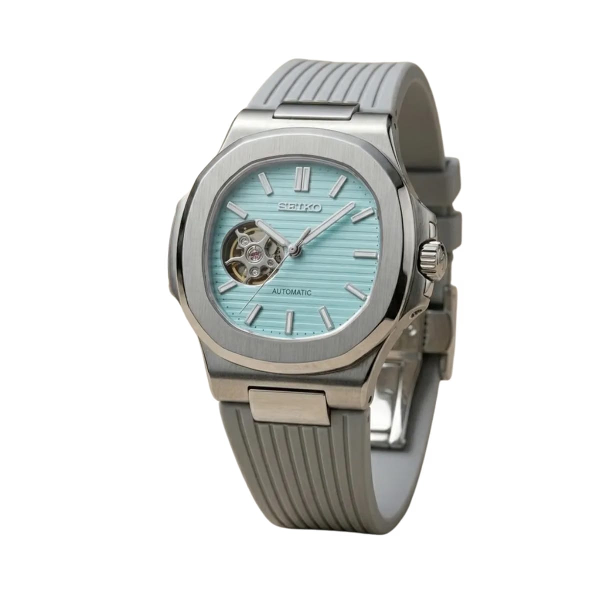 SEIKO  Mods Nautilus "Tiffany Open Heart" – Turquoise Dial & Gray Rubber Strap