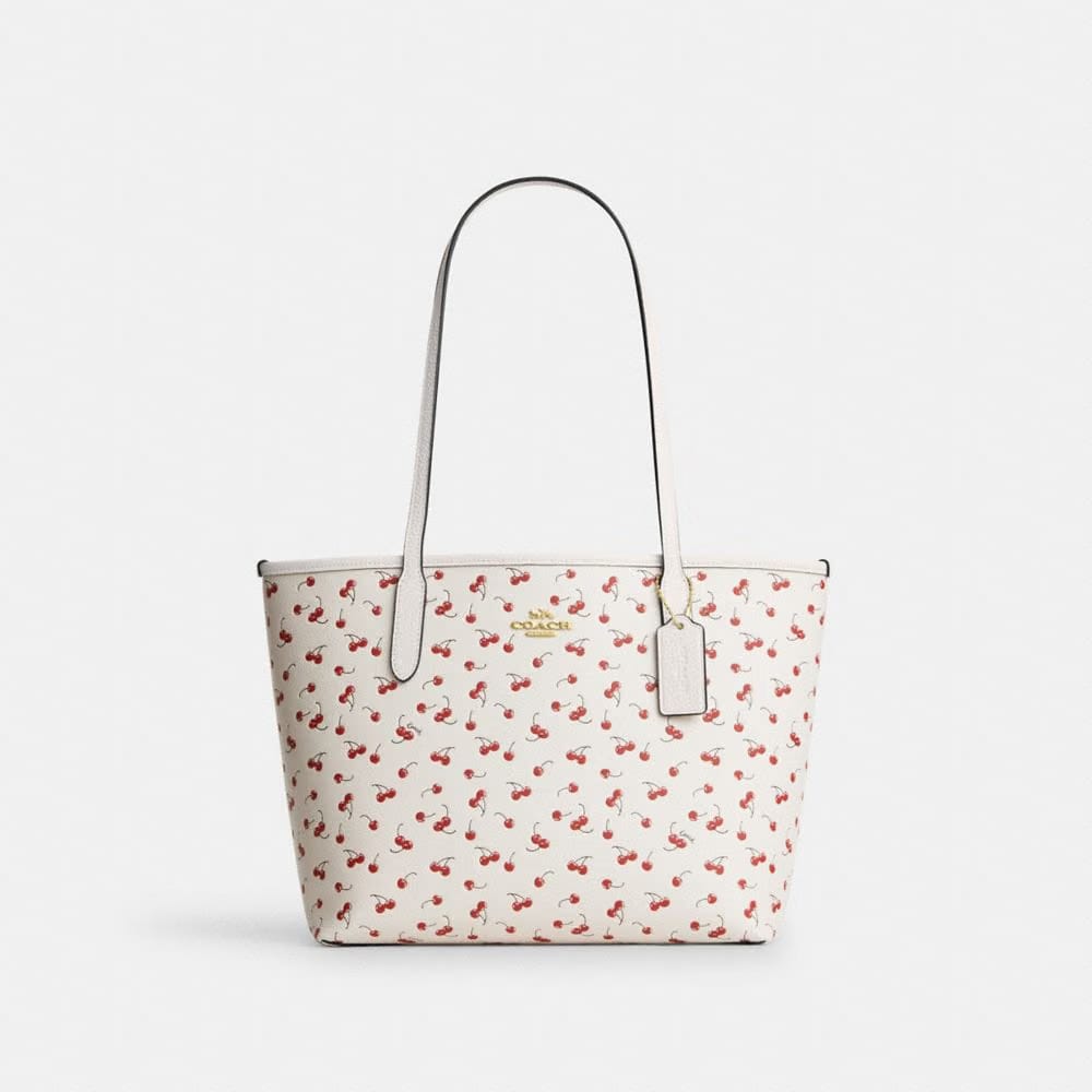Coach Medium City Tote Bag With Cherry Print Gold Chalk Multi