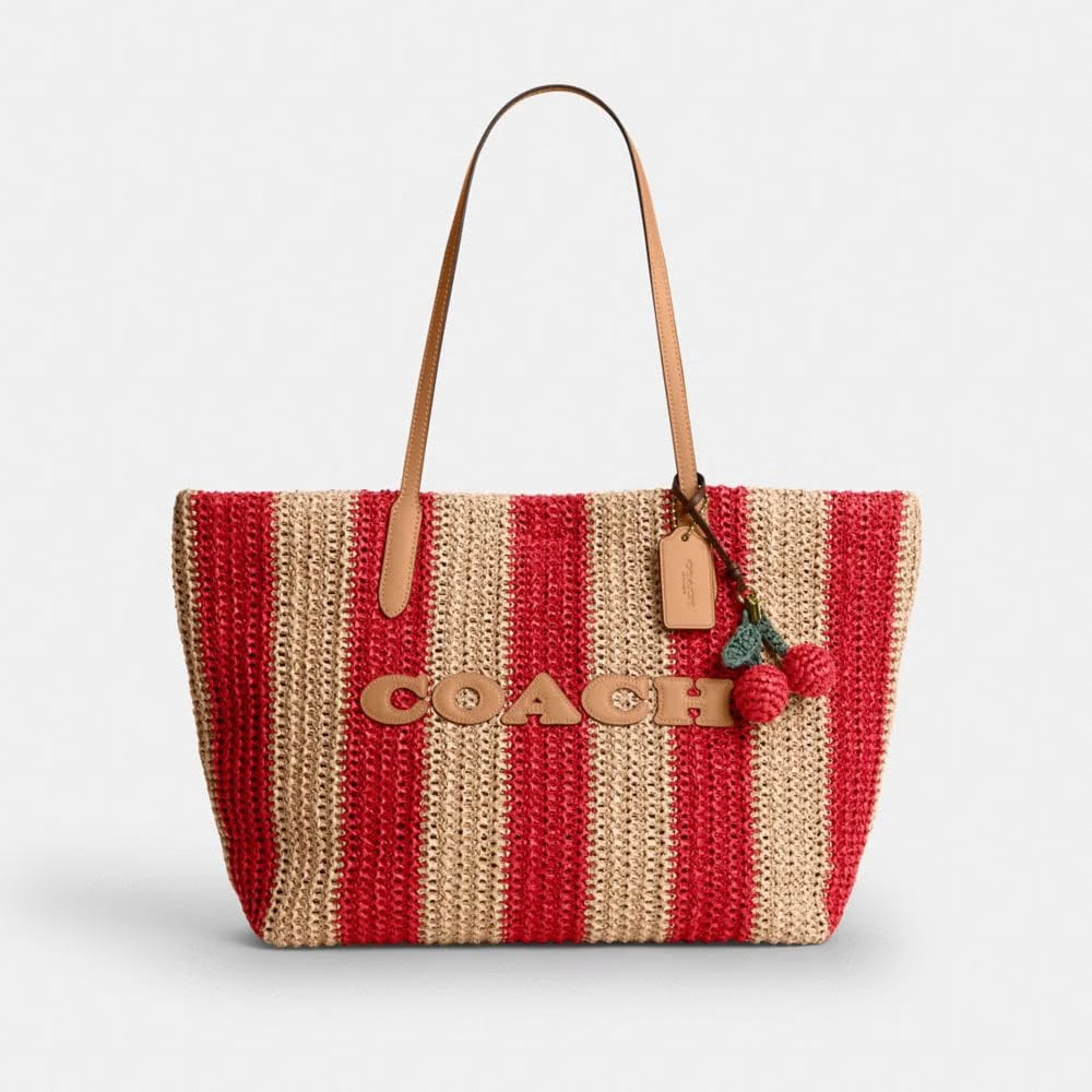 Coach City Tote Bag With Stripes And Charm Gold Red Tan