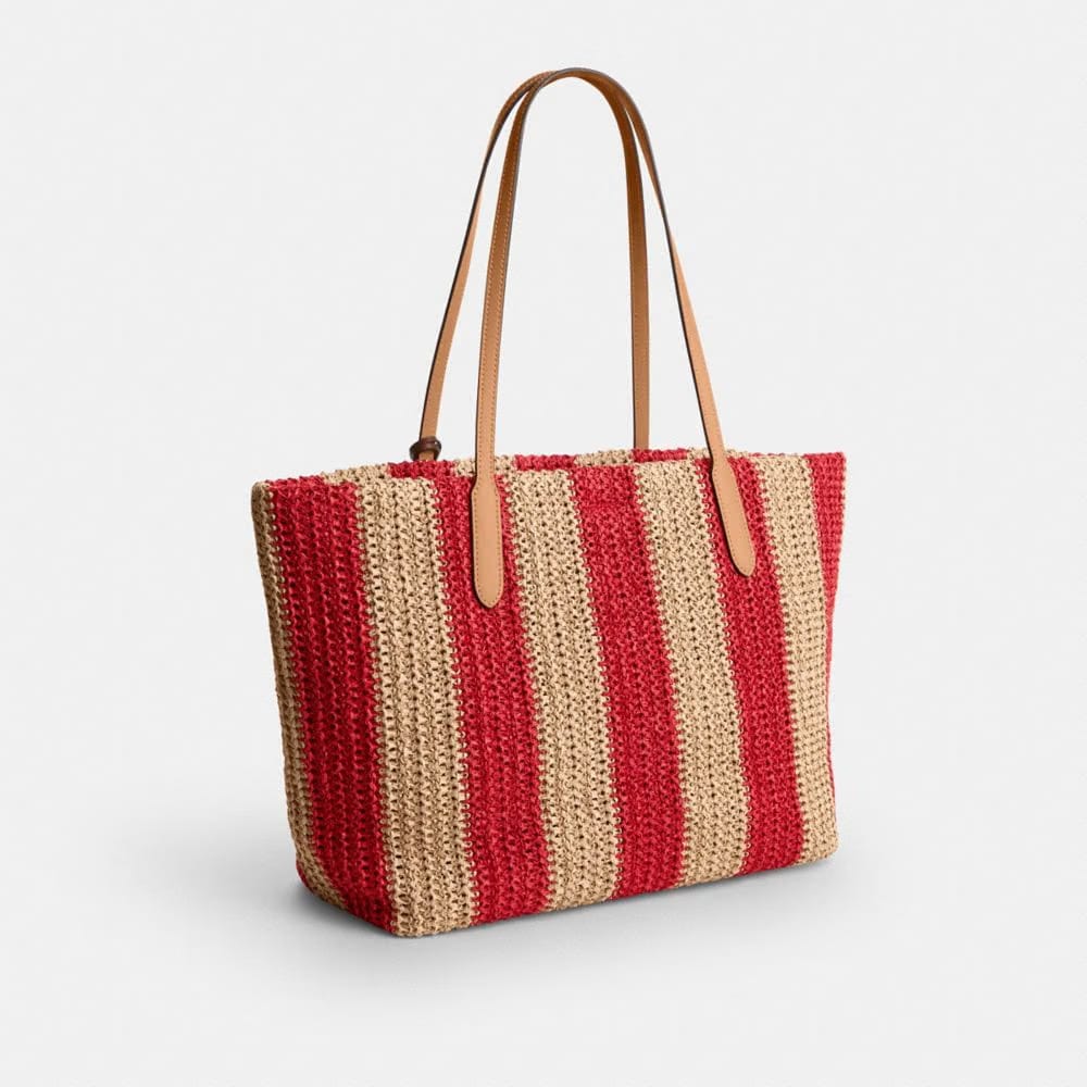 Coach City Tote Bag With Stripes And Charm Gold Red Tan