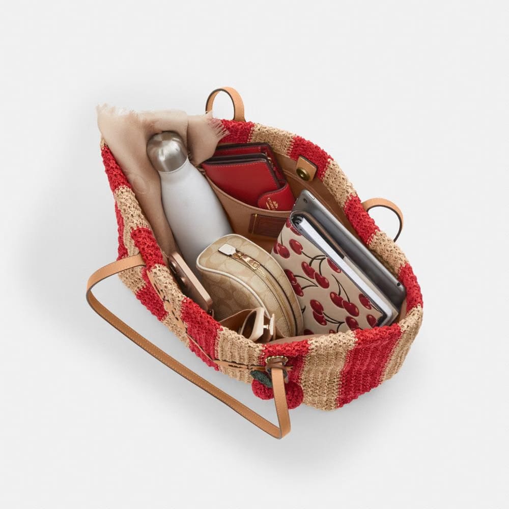 Coach City Tote Bag With Stripes And Charm Gold Red Tan