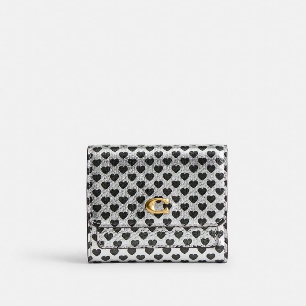 Coach Mila Small Flap Wallet With Heart Print Brass Silver Black Multi