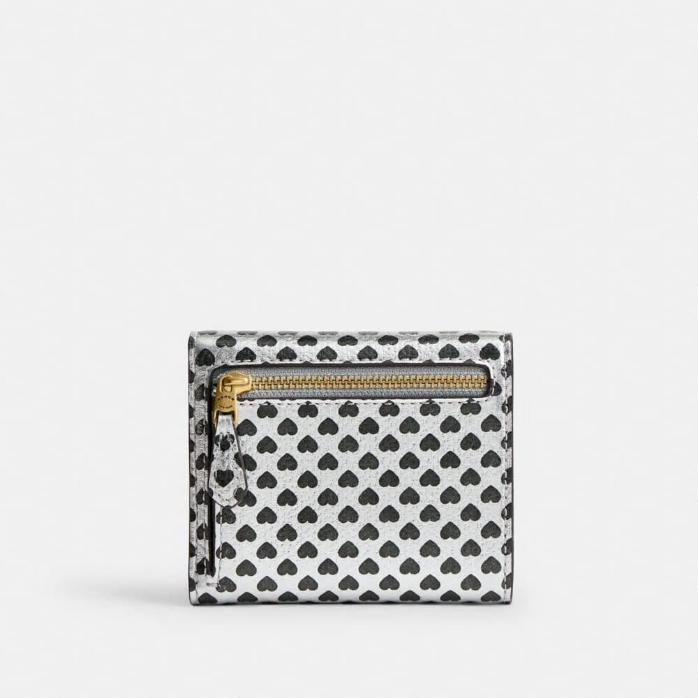 Coach Mila Small Flap Wallet With Heart Print Brass Silver Black Multi