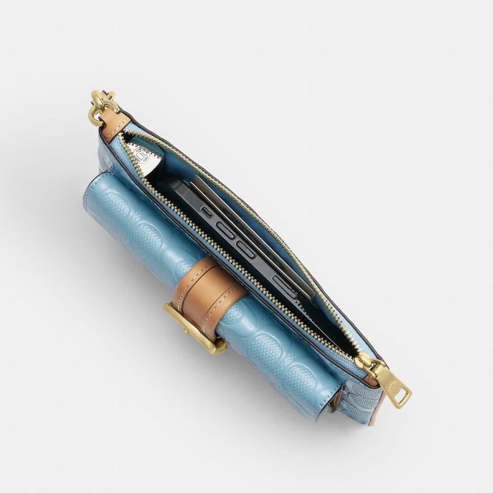 Coach Ashton Wristlet In Signature Leather Gold Light Blue
