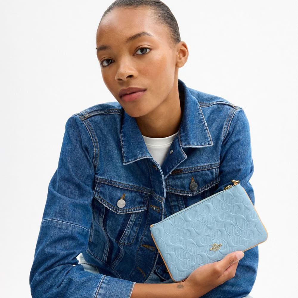 Coach Ashton Wristlet In Signature Leather Gold Light Blue