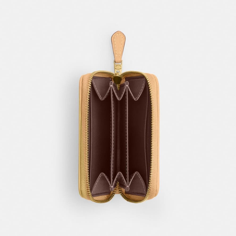Coach Essential Small Zip Around Card Case In Signature Jacquard Brass Khaki Light Peach