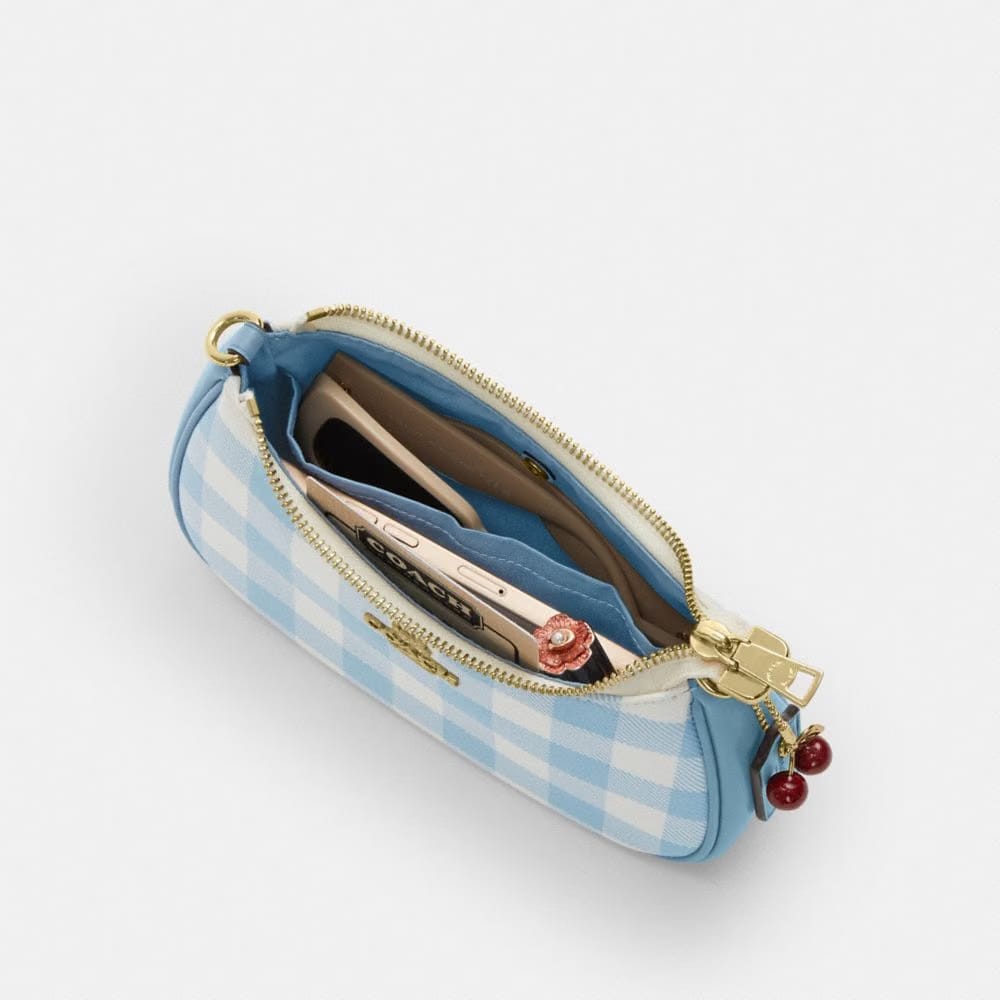 Coach Teri Mini Crossbody Bag With Gingham Print And Charm Gold Blue Multi