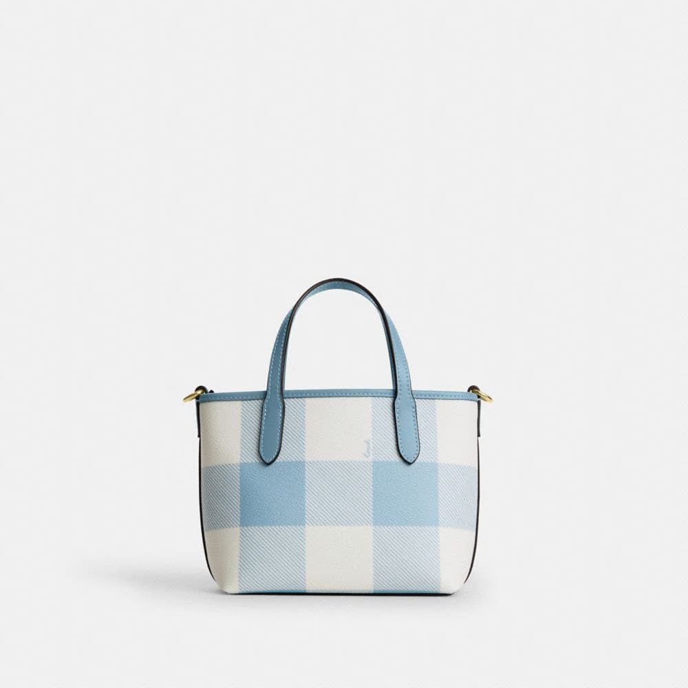 Coach City Mini Tote Bag With Gingham Print And Charm Gold Blue Multi