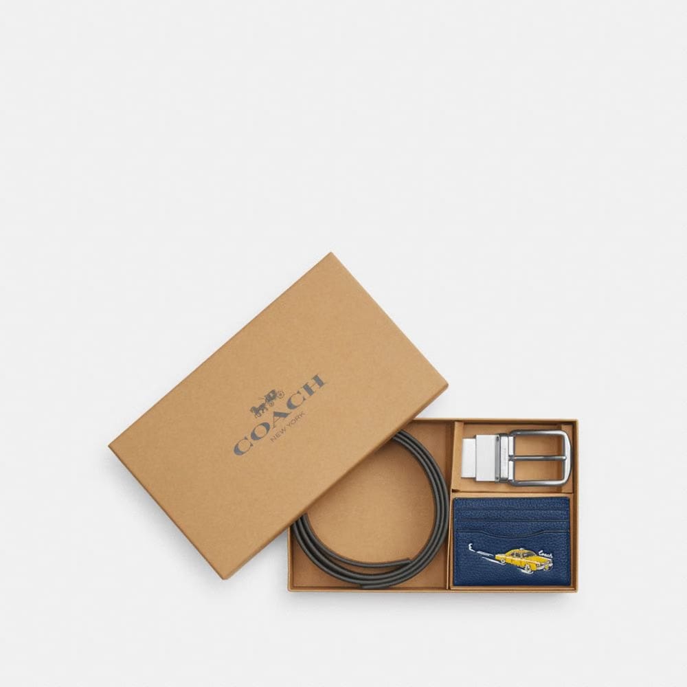 Coach Boxed Card Case And Belt Set With Car Print Silver Deep Blue Multi