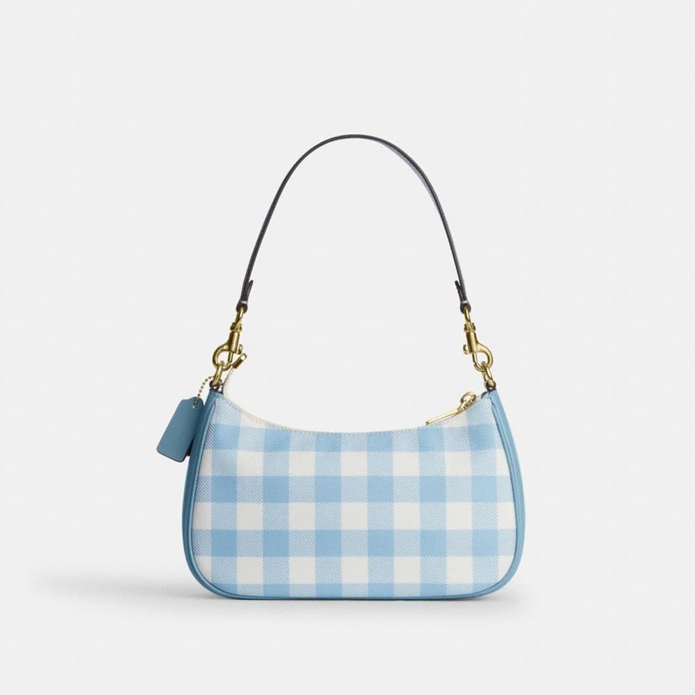Coach Teri Shoulder Bag With Gingham Print And Charm Gold Blue Multi