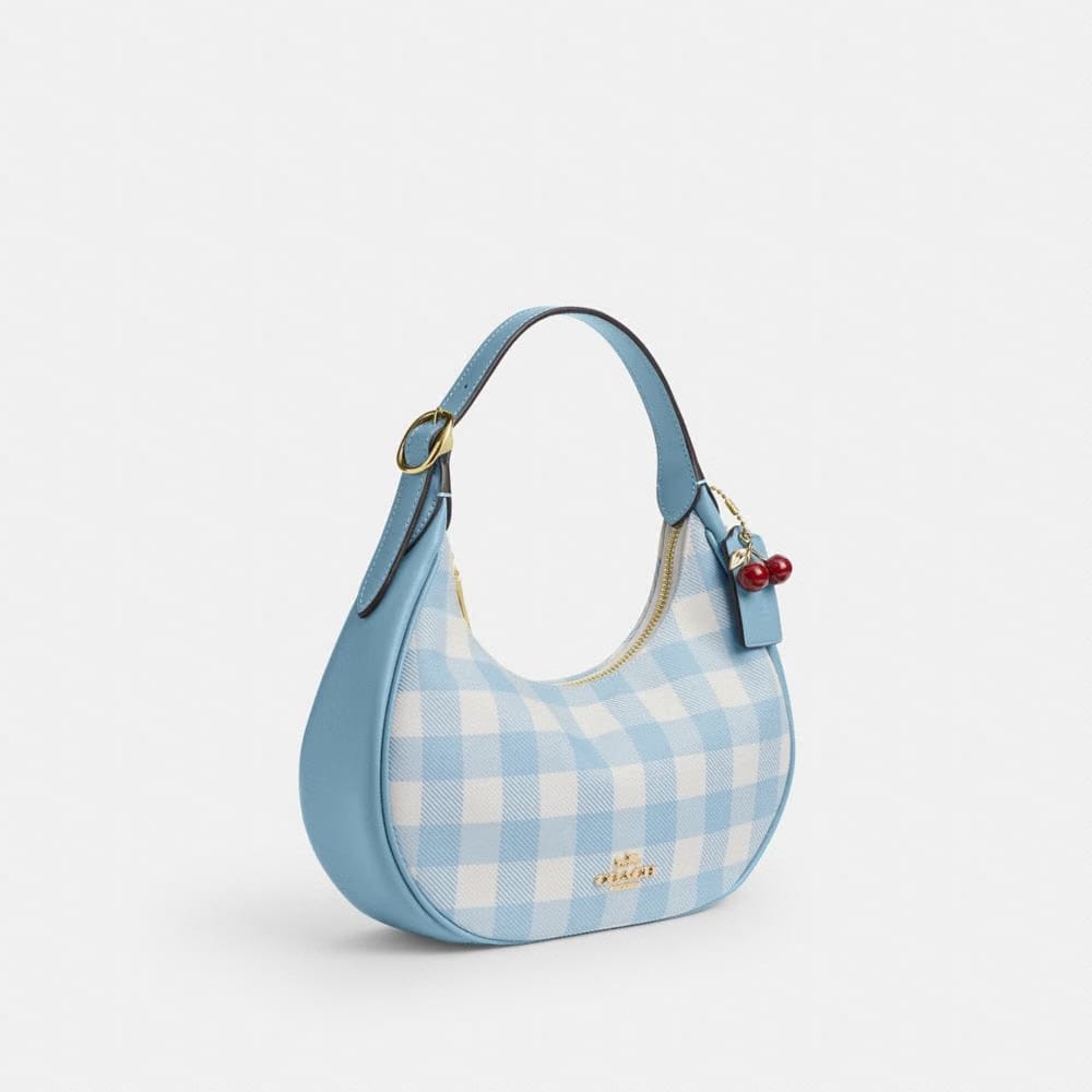 Coach Emily Shoulder Bag With Gingham Print And Charm Gold Blue Multi