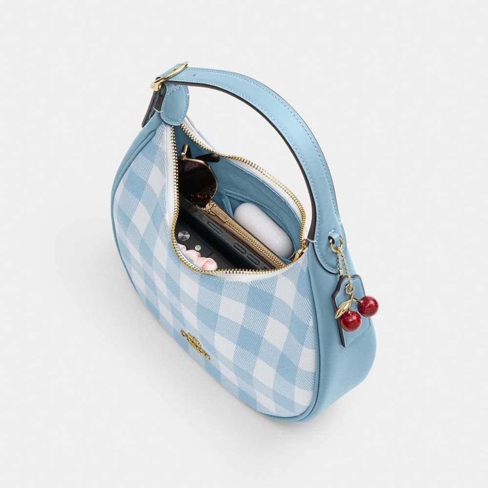 Coach Emily Shoulder Bag With Gingham Print And Charm Gold Blue Multi