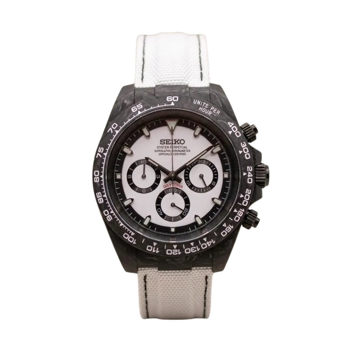 SEIKO Mods Daytona "Carbon Panda" Chronograph – Forged Carbon Case & White Strap
