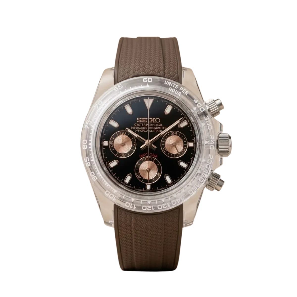 SEIKO Mods Daytona "Choco Crystal" Chronograph – Transparent Case & Rose Gold Black Dial