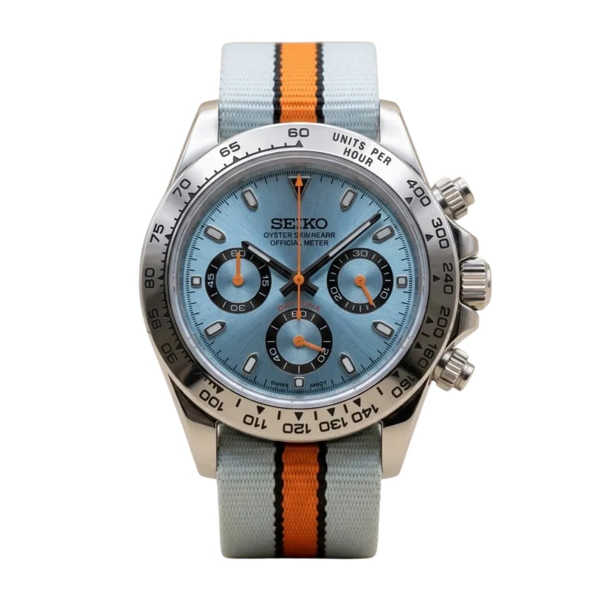 SEIKO Mods Daytona "Gulf Racing" Chronograph – Ice Blue Dial & Striped NATO Strap