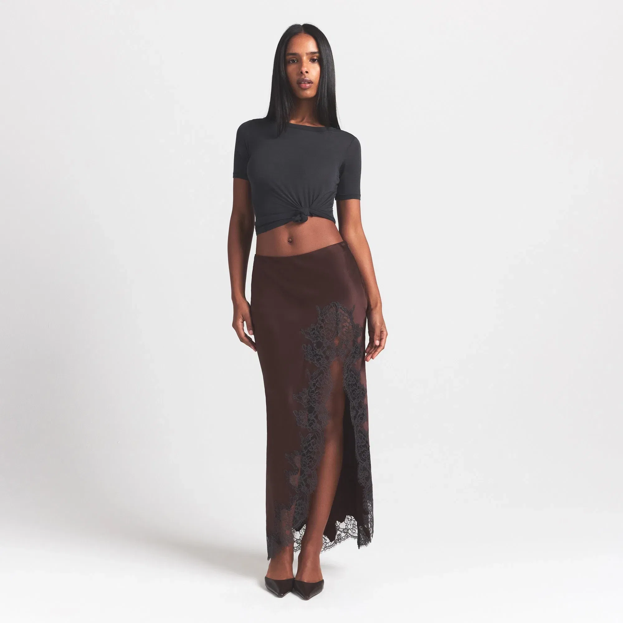Silk Lace Slip Midi Skirt