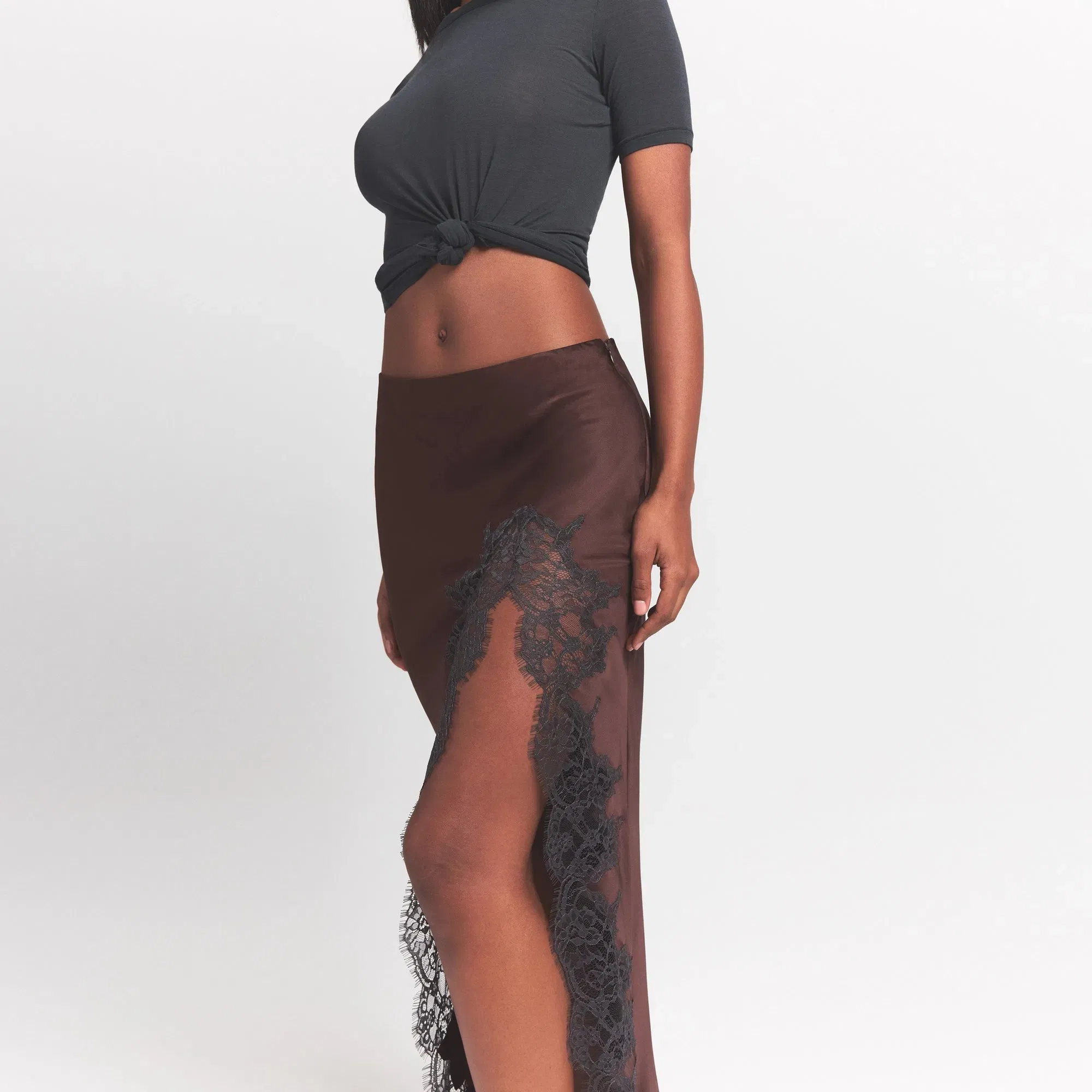 Silk Lace Slip Midi Skirt