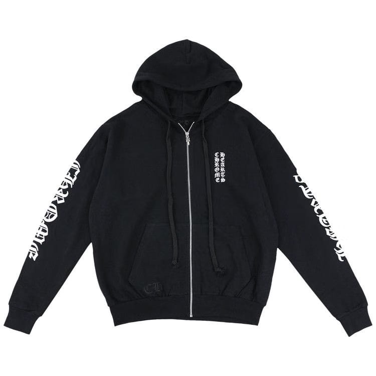 Chrome Hearts Letters Sleeve Fleece Zip Up Hoodie Black/White