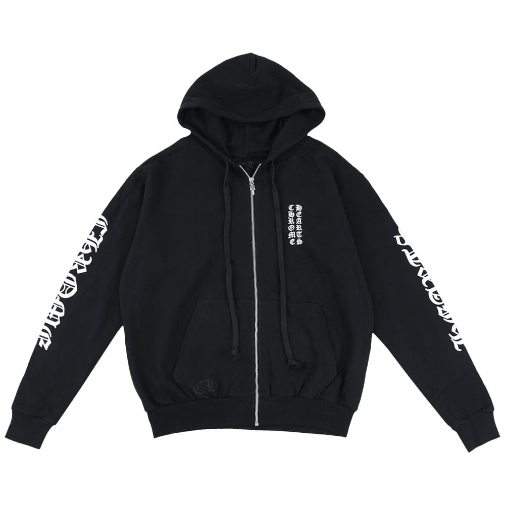 Chrome Hearts Letters Sleeve Fleece Zip Up Hoodie Black/White
