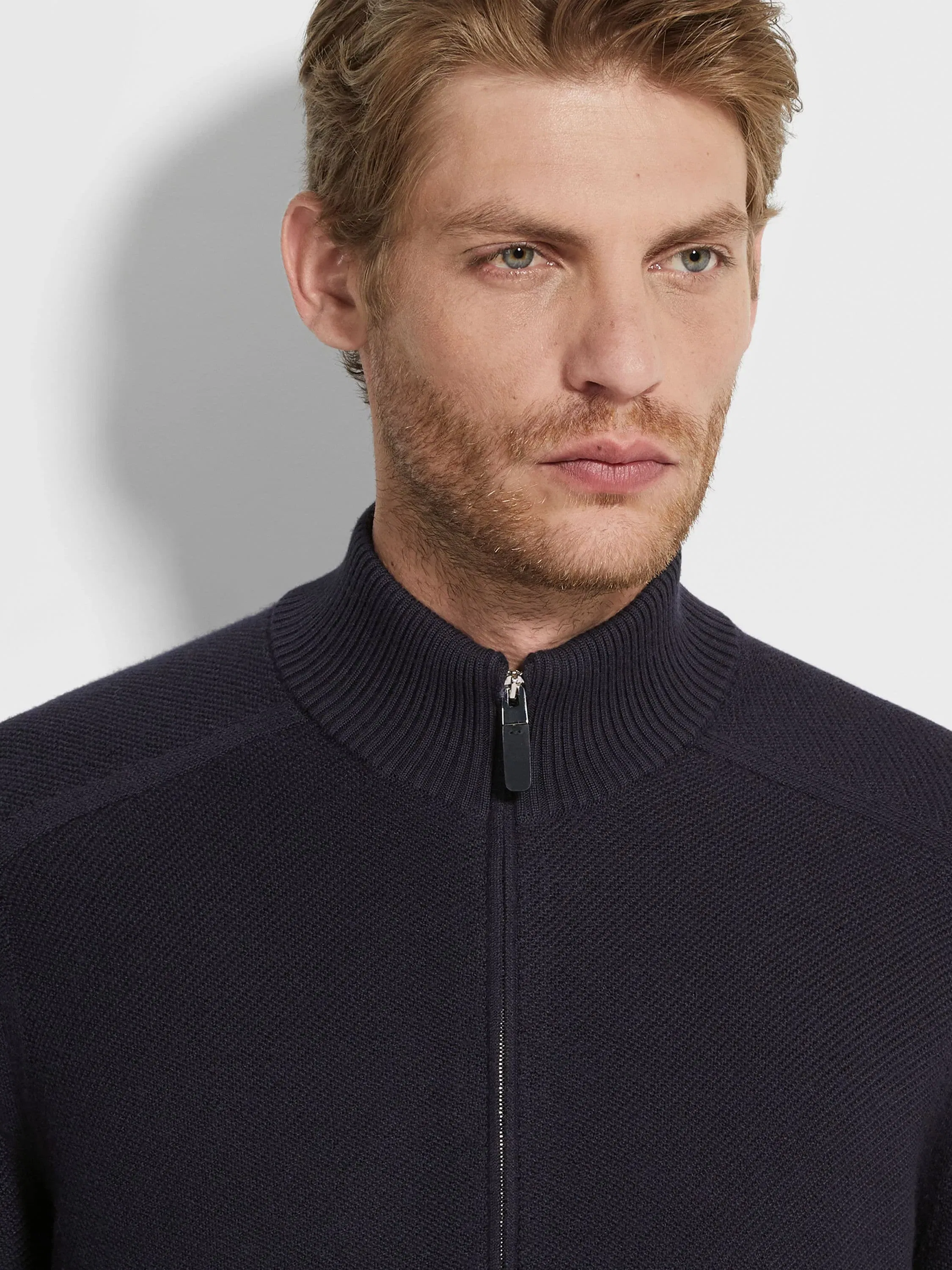 Zegna Navy Blue Mlange Cashseta Full Zip Cardigan