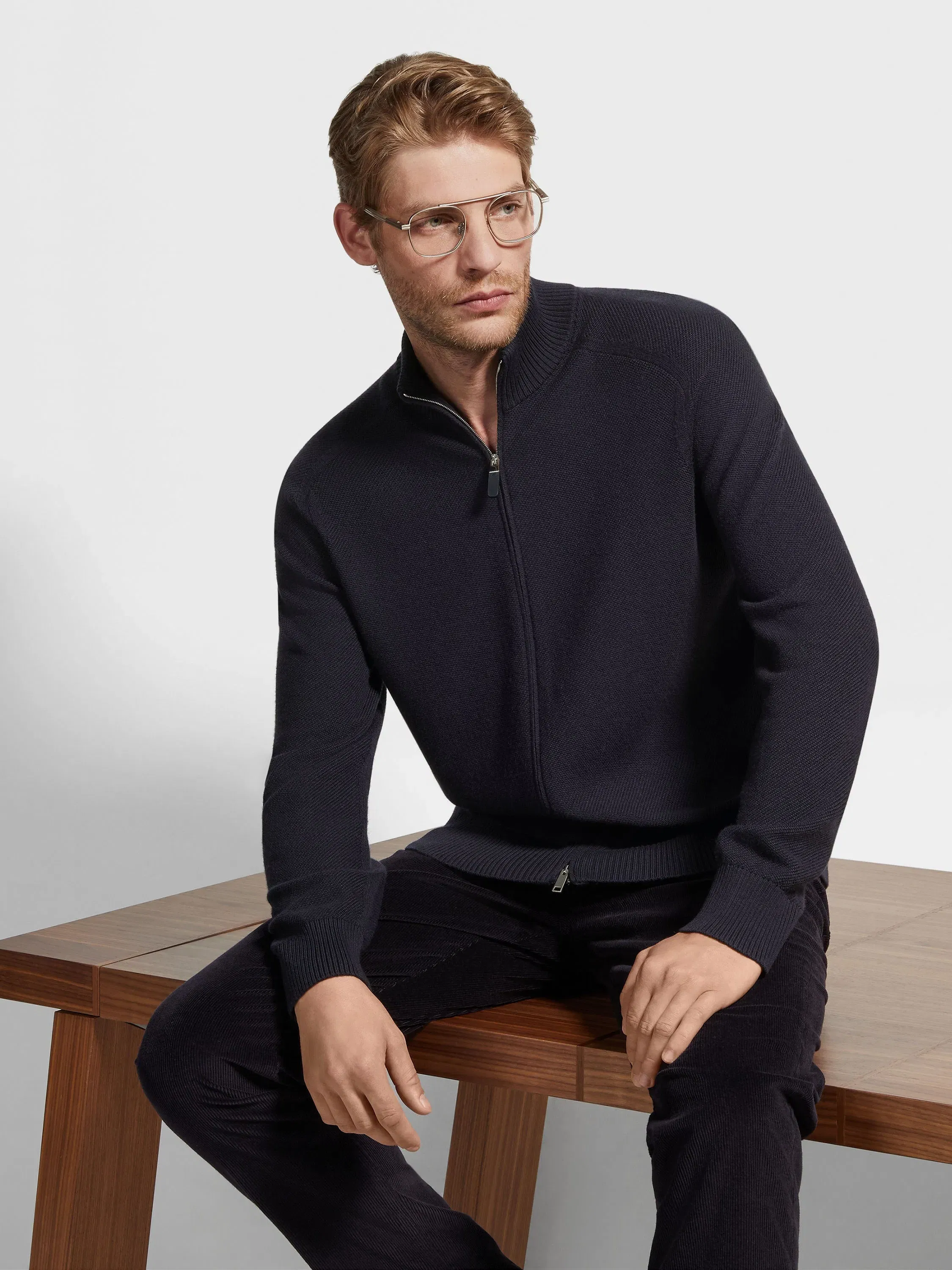 Zegna Navy Blue Mlange Cashseta Full Zip Cardigan